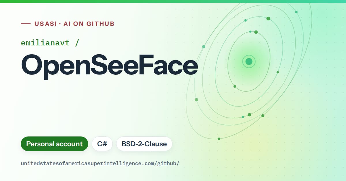 Generated green orbit artwork for emilianavt/OpenSeeFace, labeled USASI · AI on GitHub, with Personal account · C# · BSD-2-Clause.