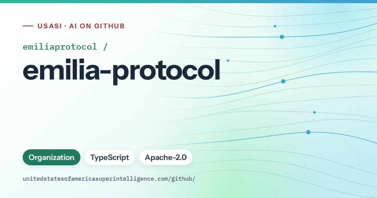 Generated teal flowing-wave artwork for emiliaprotocol/emilia-protocol, labeled USASI · AI on GitHub, with Organization · TypeScript · Apache-2.0.