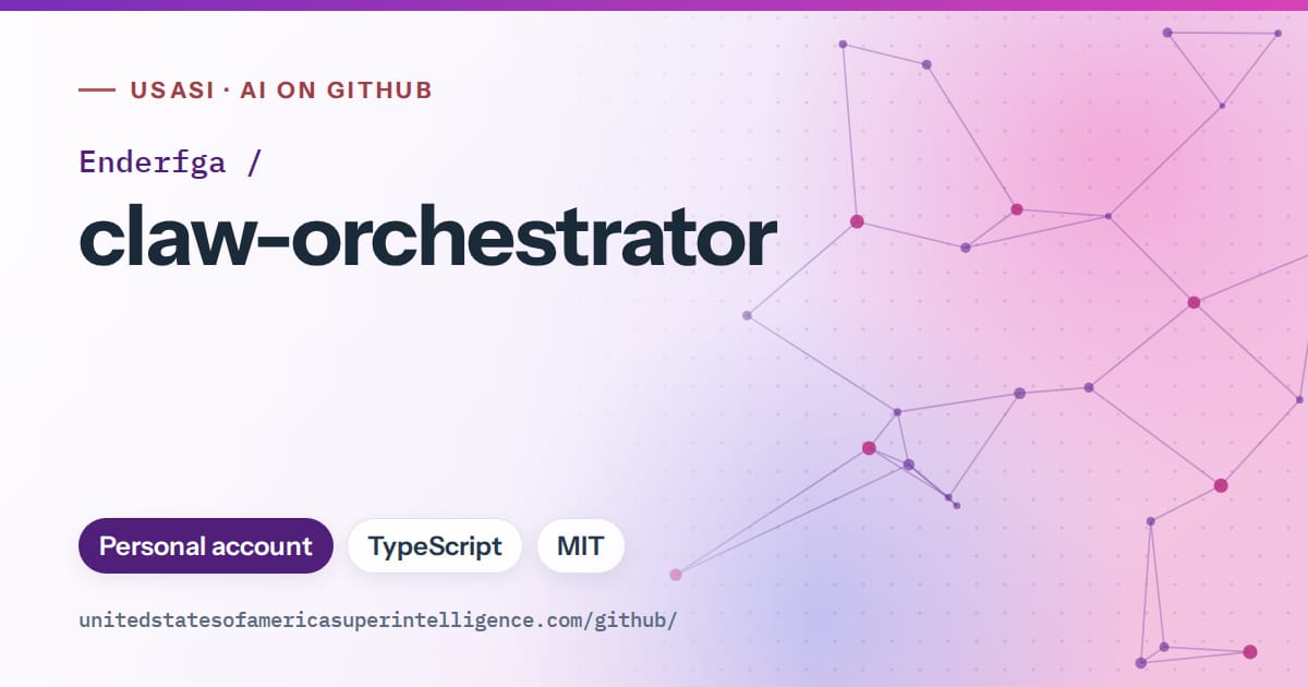 Generated violet constellation network artwork for Enderfga/claw-orchestrator, labeled USASI · AI on GitHub, with Personal account · TypeScript · MIT.
