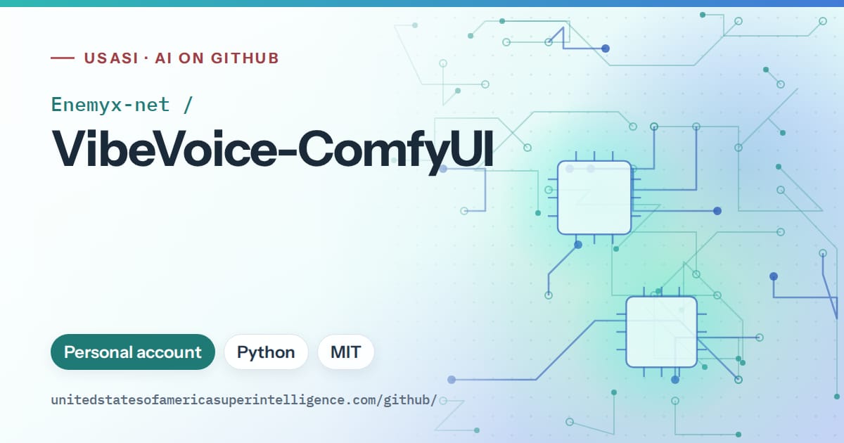 Generated teal circuit-trace artwork for Enemyx-net/VibeVoice-ComfyUI, labeled USASI · AI on GitHub, with Personal account · Python · MIT.