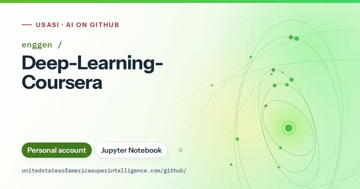 Generated green orbit artwork for enggen/Deep-Learning-Coursera, labeled USASI · AI on GitHub, with Personal account · Jupyter Notebook.