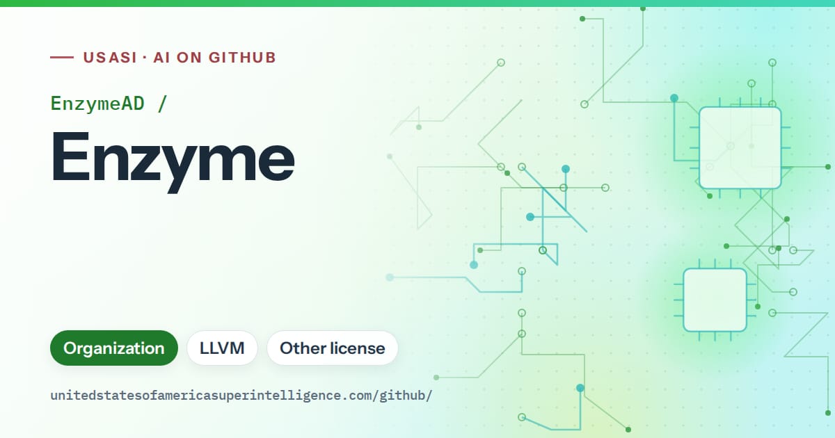 Generated green circuit-trace artwork for EnzymeAD/Enzyme, labeled USASI · AI on GitHub, with Organization · LLVM · Other license.