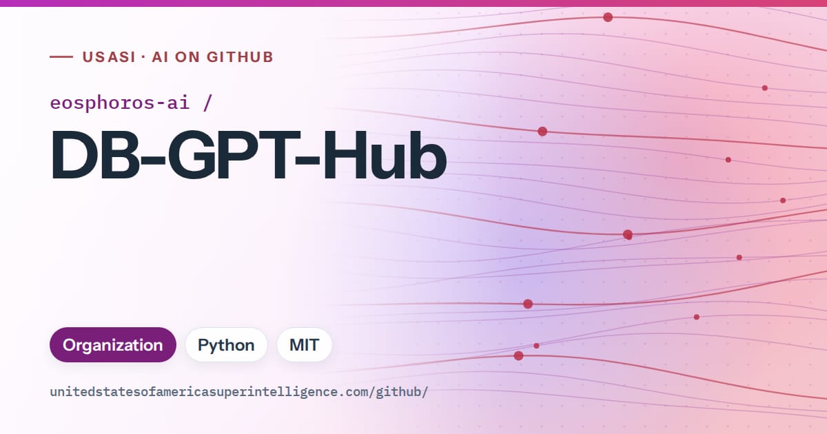 Generated purple flowing-wave artwork for eosphoros-ai/DB-GPT-Hub, labeled USASI · AI on GitHub, with Organization · Python · MIT.