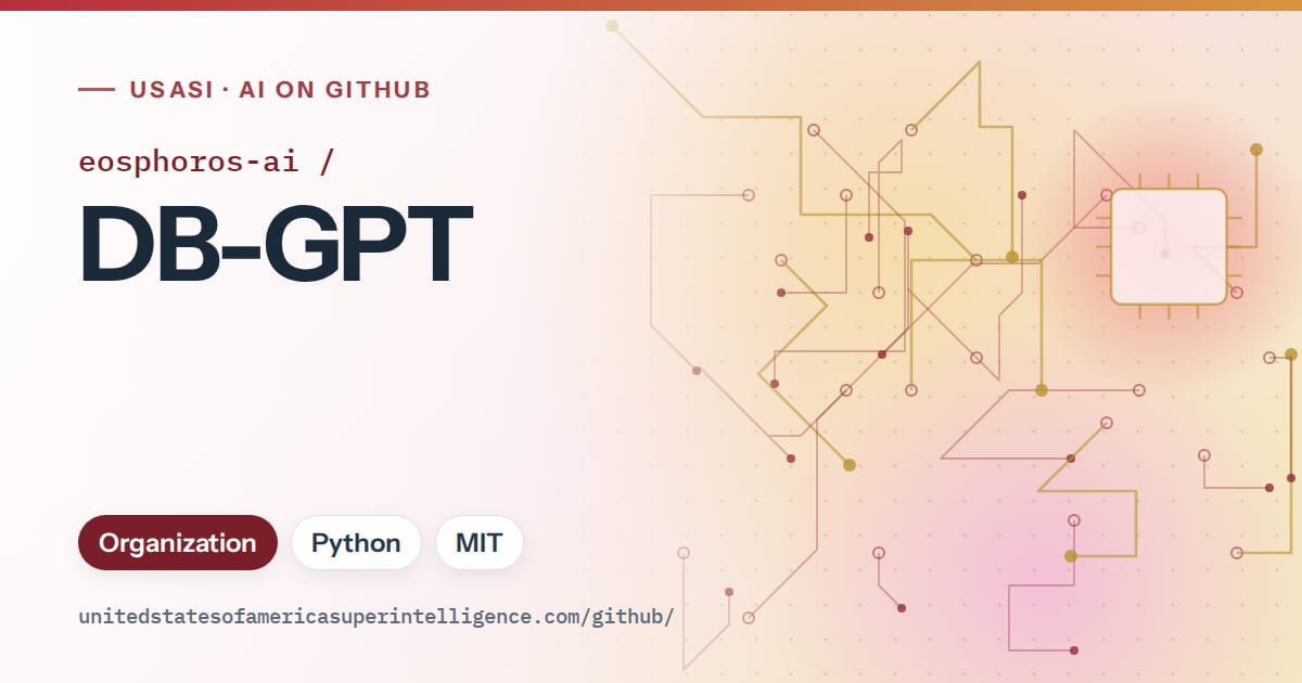 Generated red circuit-trace artwork for eosphoros-ai/DB-GPT, labeled USASI · AI on GitHub, with Organization · Python · MIT.