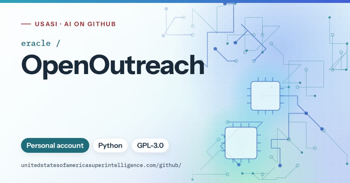 Generated teal circuit-trace artwork for eracle/OpenOutreach, labeled USASI · AI on GitHub, with Personal account · Python · GPL-3.0.
