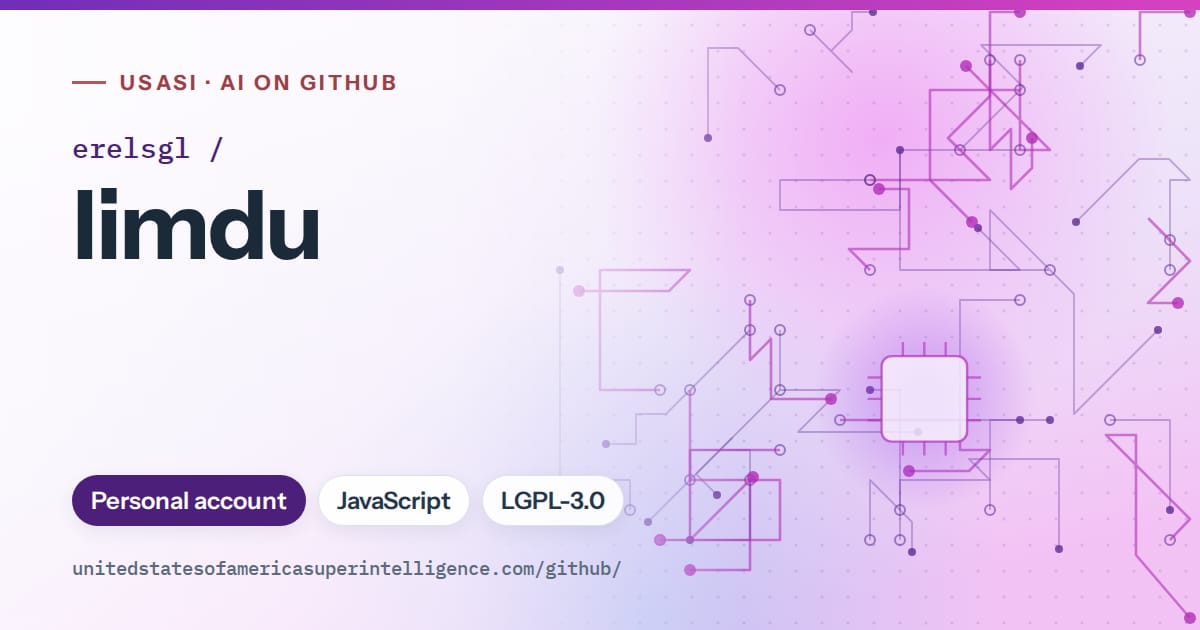 Generated violet circuit-trace artwork for erelsgl/limdu, labeled USASI · AI on GitHub, with Personal account · JavaScript · LGPL-3.0.