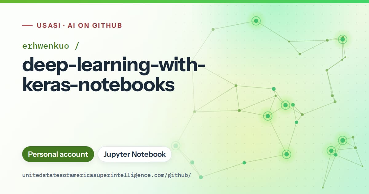 Generated green constellation network artwork for erhwenkuo/deep-learning-with-keras-notebooks, labeled USASI · AI on GitHub, with Personal account · Jupyter Notebook.