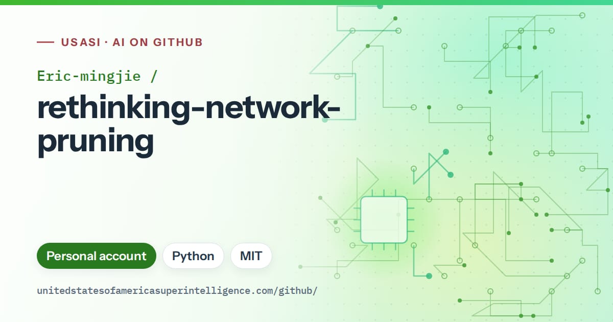 Generated green circuit-trace artwork for Eric-mingjie/rethinking-network-pruning, labeled USASI · AI on GitHub, with Personal account · Python · MIT.