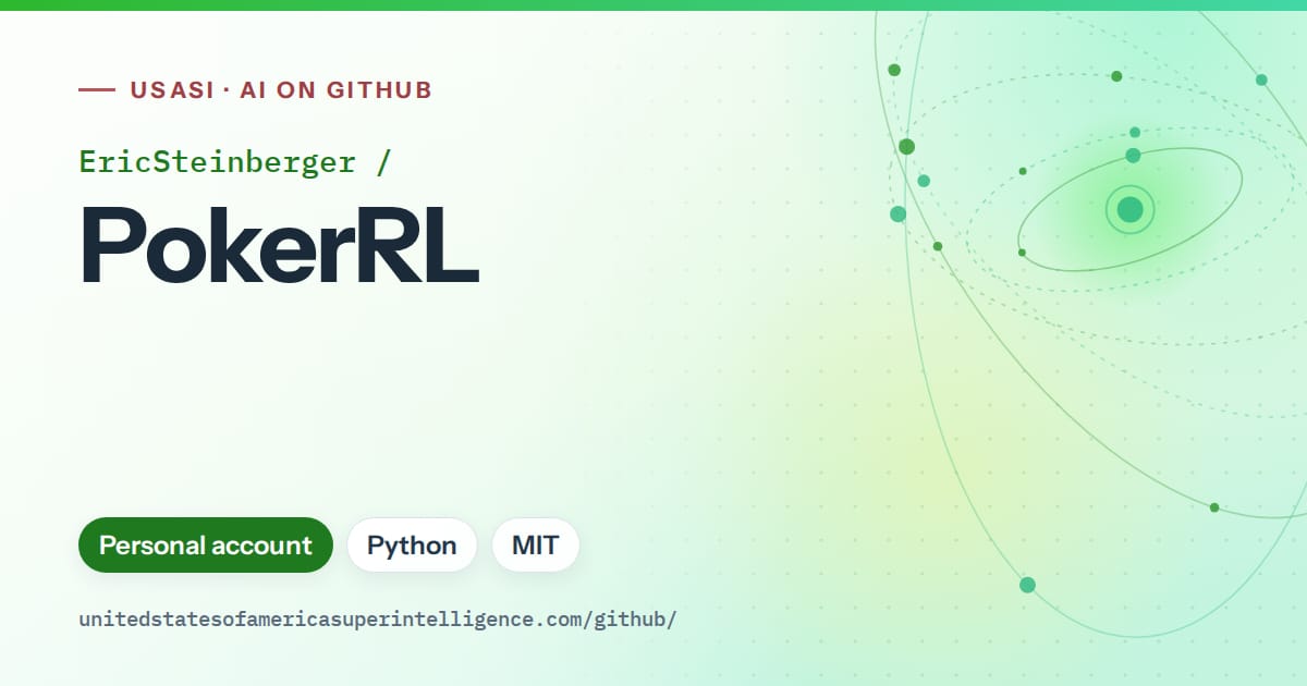 Generated green orbit artwork for EricSteinberger/PokerRL, labeled USASI · AI on GitHub, with Personal account · Python · MIT.