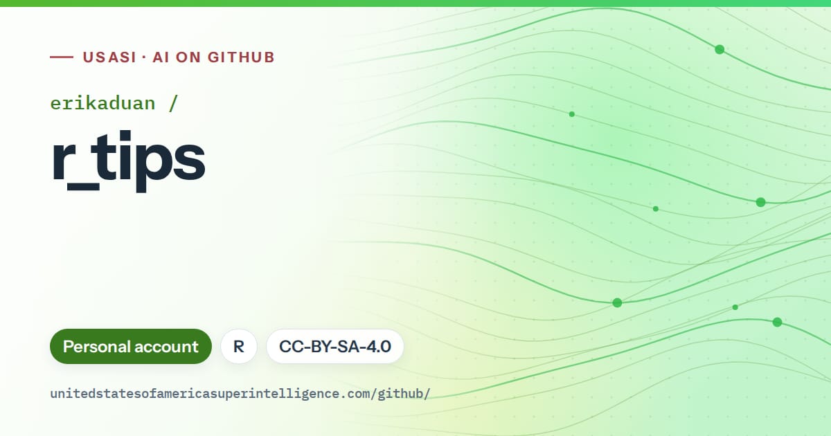 Generated green flowing-wave artwork for erikaduan/r_tips, labeled USASI · AI on GitHub, with Personal account · R · CC-BY-SA-4.0.