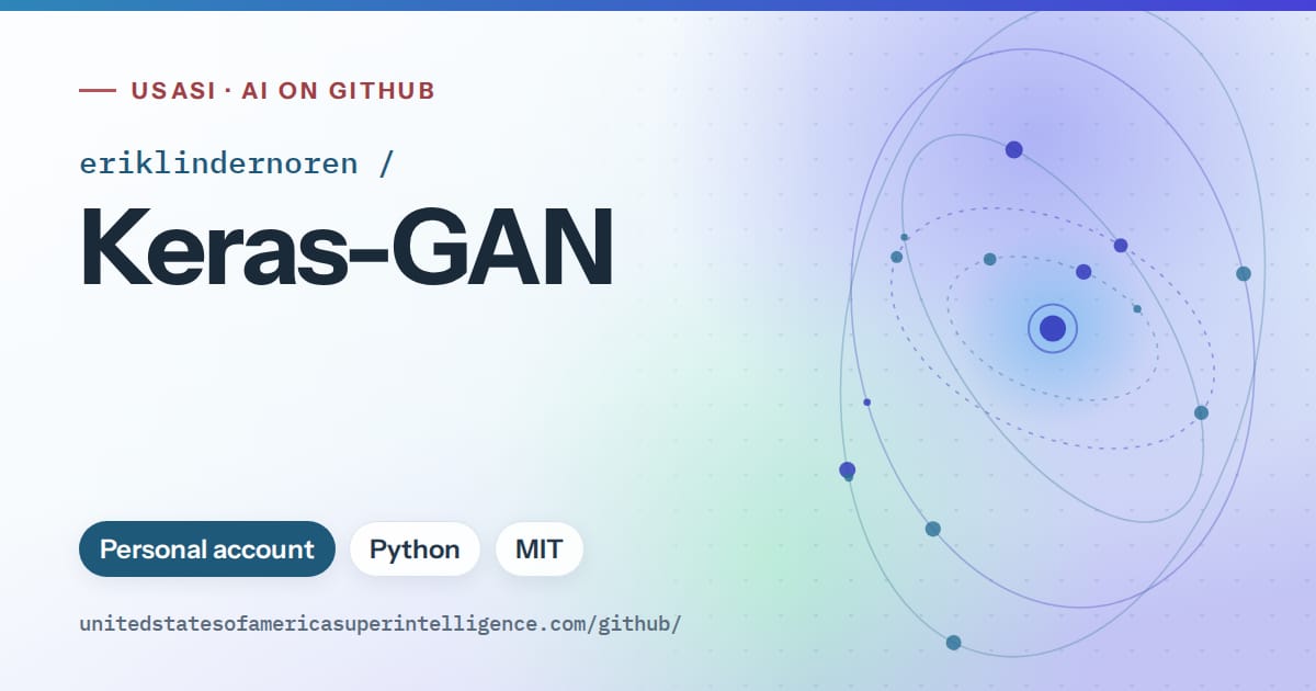 Generated sky blue orbit artwork for eriklindernoren/Keras-GAN, labeled USASI · AI on GitHub, with Personal account · Python · MIT.