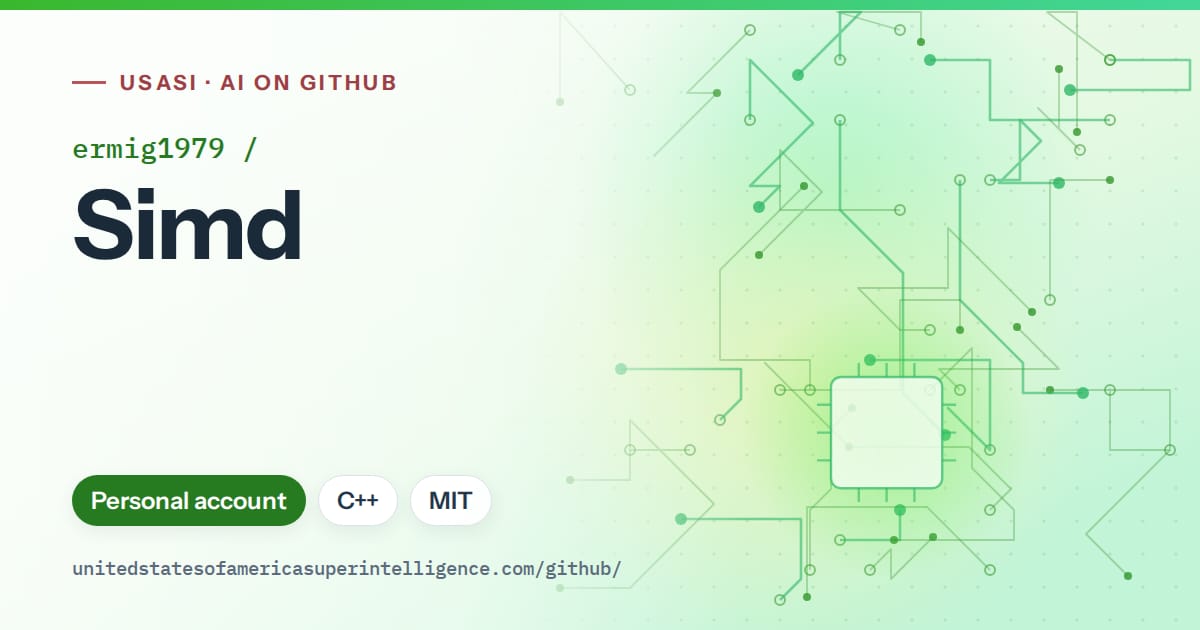 Generated green circuit-trace artwork for ermig1979/Simd, labeled USASI · AI on GitHub, with Personal account · C++ · MIT.