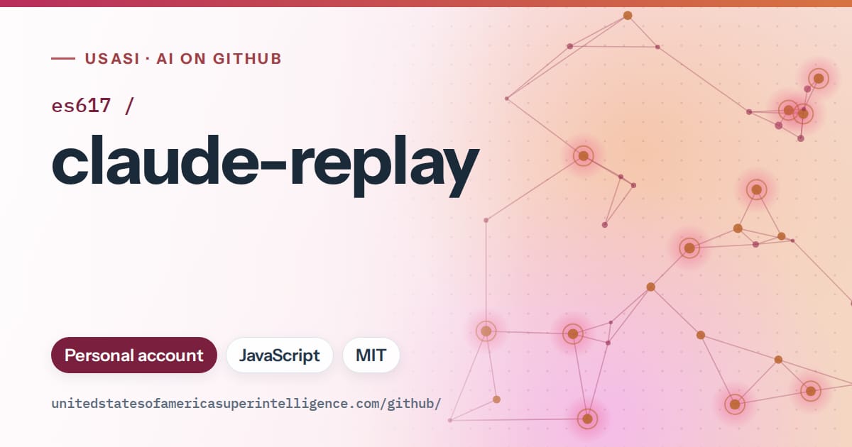 Generated pink constellation network artwork for es617/claude-replay, labeled USASI · AI on GitHub, with Personal account · JavaScript · MIT.