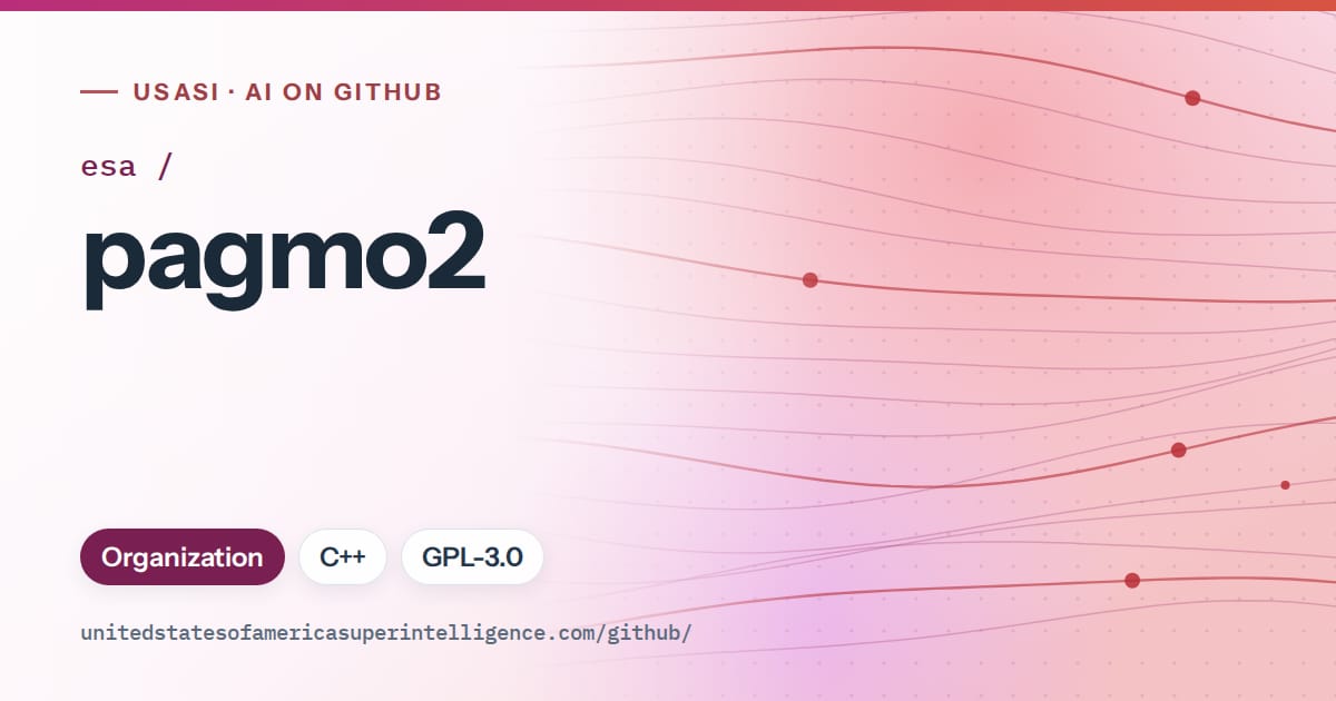Generated pink flowing-wave artwork for esa/pagmo2, labeled USASI · AI on GitHub, with Organization · C++ · GPL-3.0.