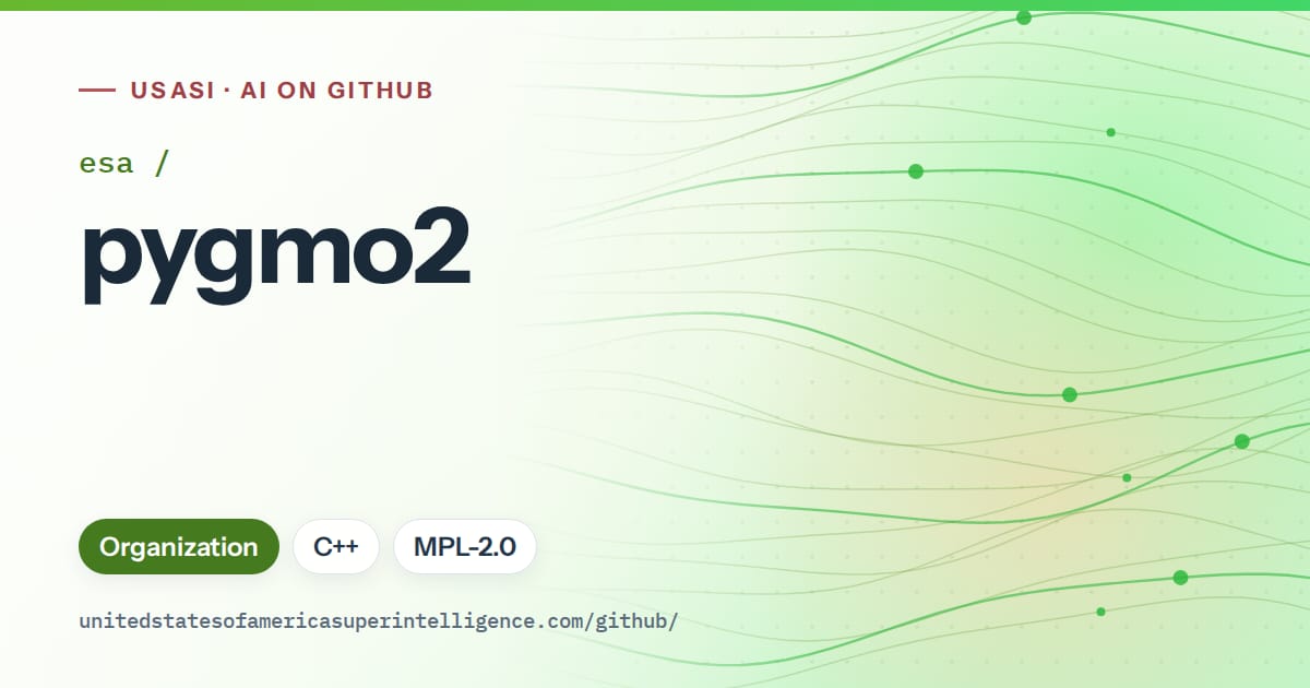 Generated green flowing-wave artwork for esa/pygmo2, labeled USASI · AI on GitHub, with Organization · C++ · MPL-2.0.
