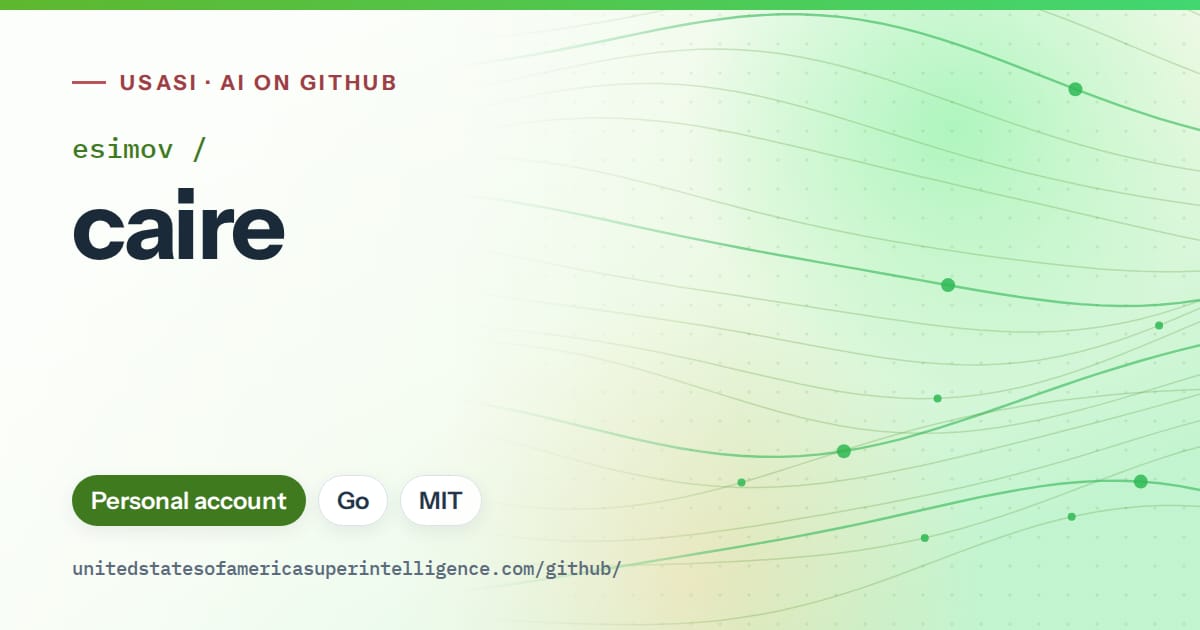 Generated green flowing-wave artwork for esimov/caire, labeled USASI · AI on GitHub, with Personal account · Go · MIT.