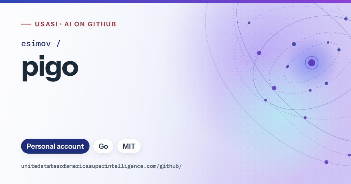 Generated blue orbit artwork for esimov/pigo, labeled USASI · AI on GitHub, with Personal account · Go · MIT.