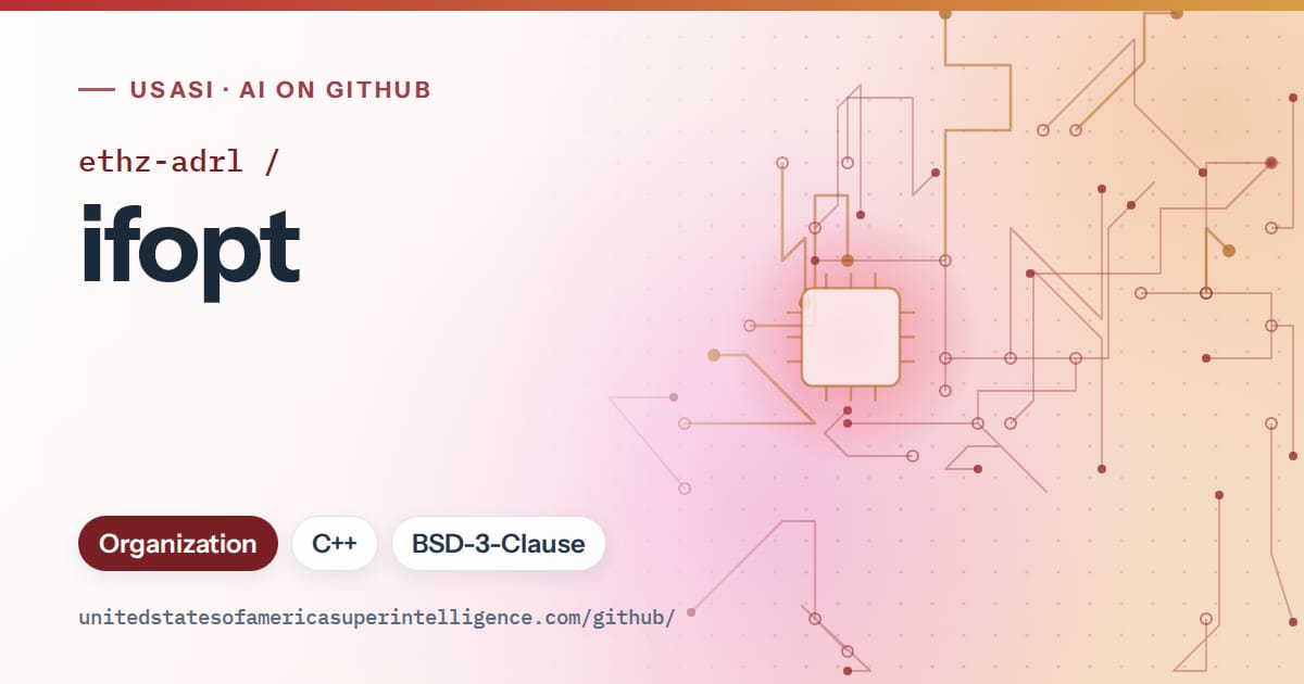Generated red circuit-trace artwork for ethz-adrl/ifopt, labeled USASI · AI on GitHub, with Organization · C++ · BSD-3-Clause.
