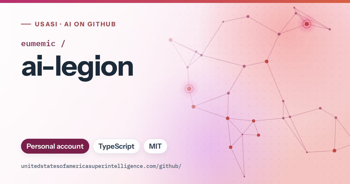 Generated pink constellation network artwork for eumemic/ai-legion, labeled USASI · AI on GitHub, with Personal account · TypeScript · MIT.