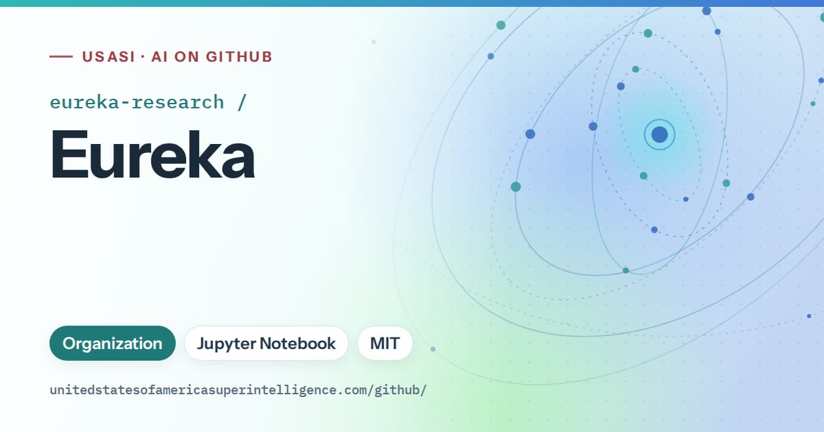 Generated teal orbit artwork for eureka-research/Eureka, labeled USASI · AI on GitHub, with Organization · Jupyter Notebook · MIT.