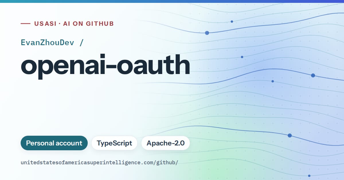 Generated sky blue flowing-wave artwork for EvanZhouDev/openai-oauth, labeled USASI · AI on GitHub, with Personal account · TypeScript · Apache-2.0.