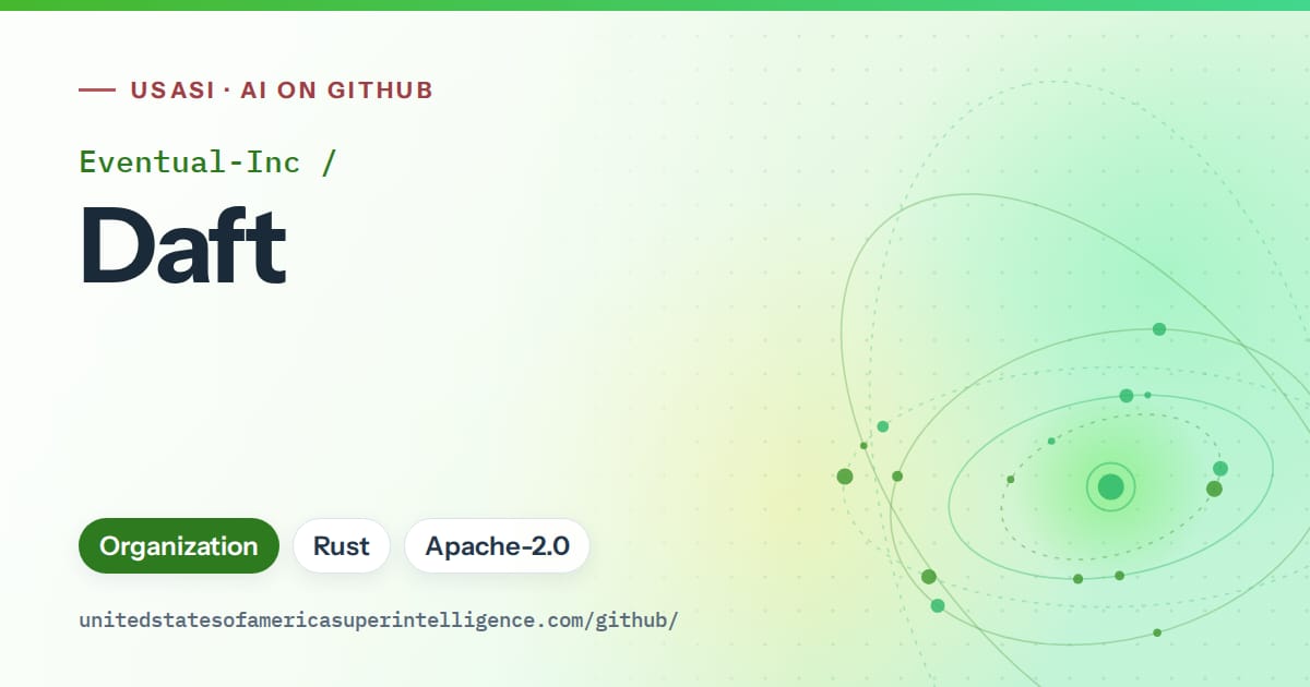 Generated green orbit artwork for Eventual-Inc/Daft, labeled USASI · AI on GitHub, with Organization · Rust · Apache-2.0.