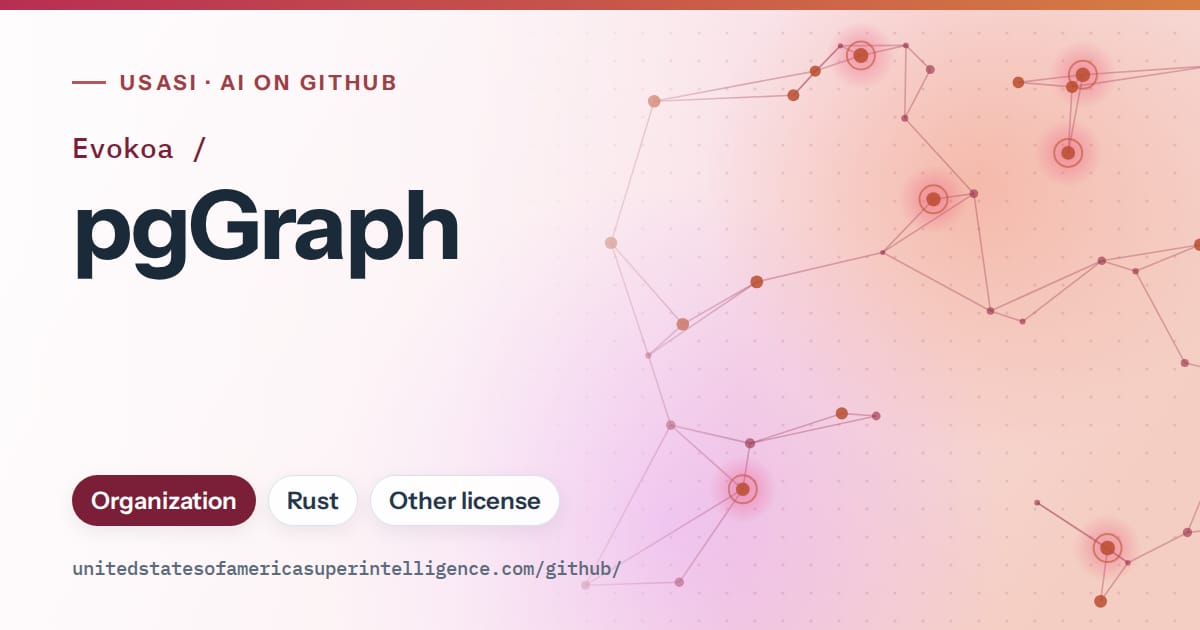 Generated pink constellation network artwork for Evokoa/pgGraph, labeled USASI · AI on GitHub, with Organization · Rust · Other license.