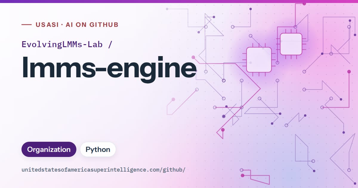 Generated violet circuit-trace artwork for EvolvingLMMs-Lab/lmms-engine, labeled USASI · AI on GitHub, with Organization · Python.