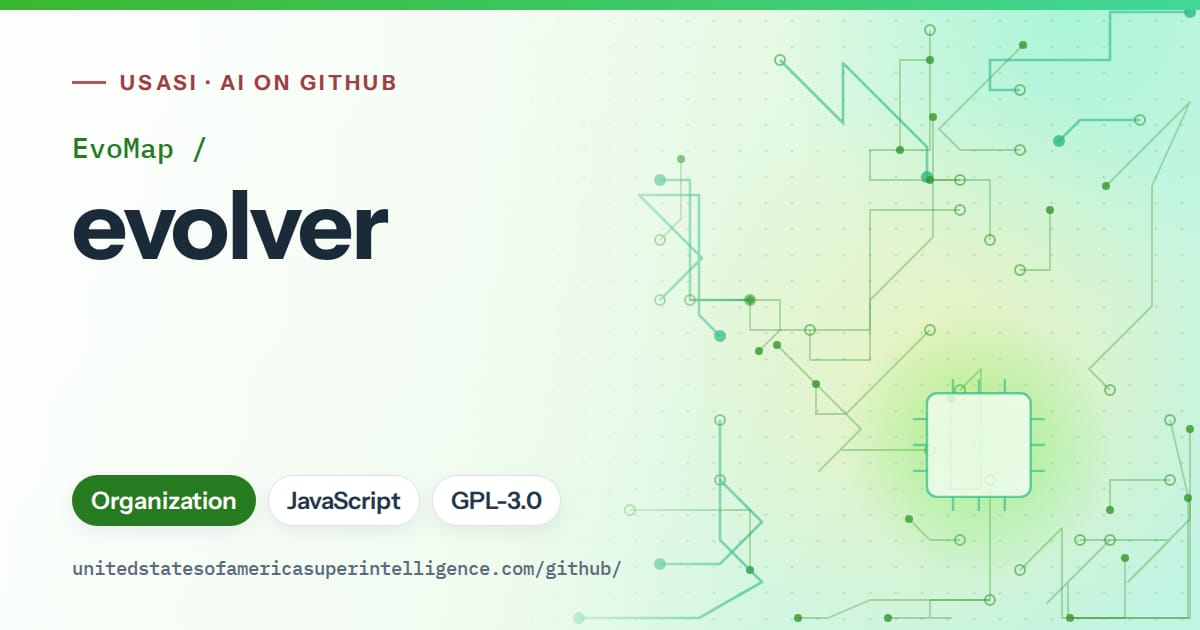 Generated green circuit-trace artwork for EvoMap/evolver, labeled USASI · AI on GitHub, with Organization · JavaScript · GPL-3.0.