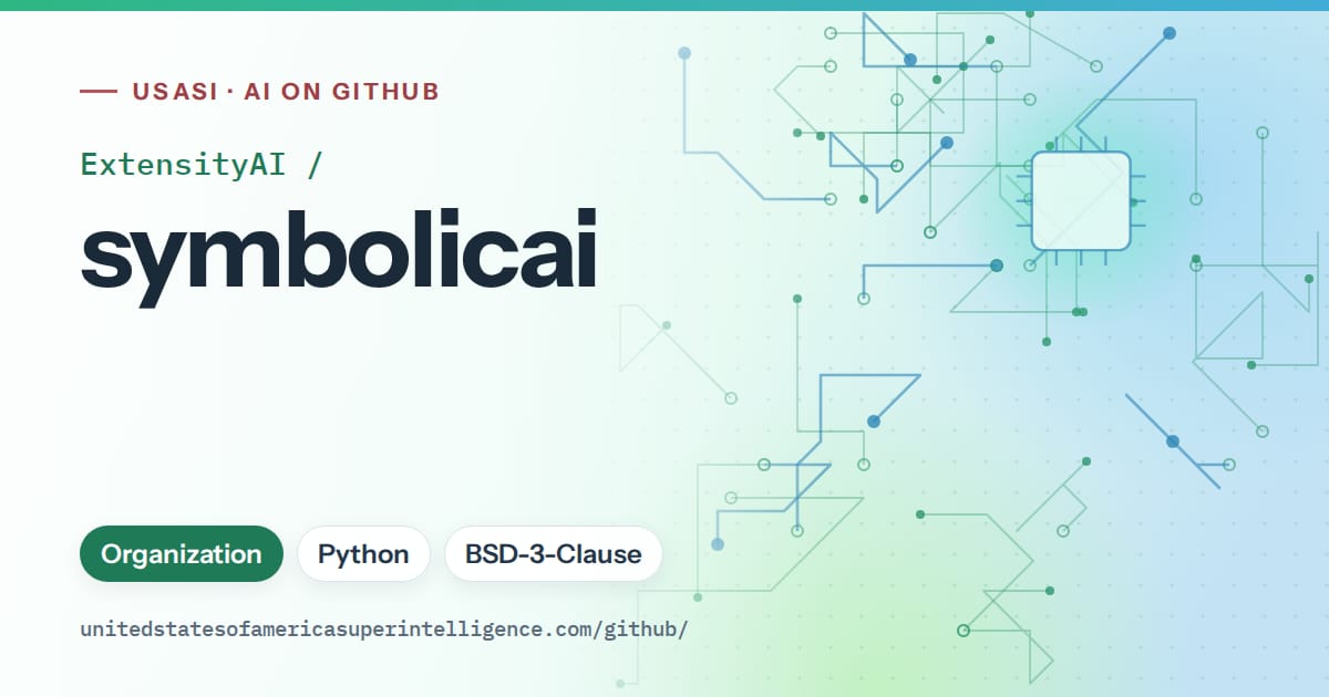 Generated teal circuit-trace artwork for ExtensityAI/symbolicai, labeled USASI · AI on GitHub, with Organization · Python · BSD-3-Clause.