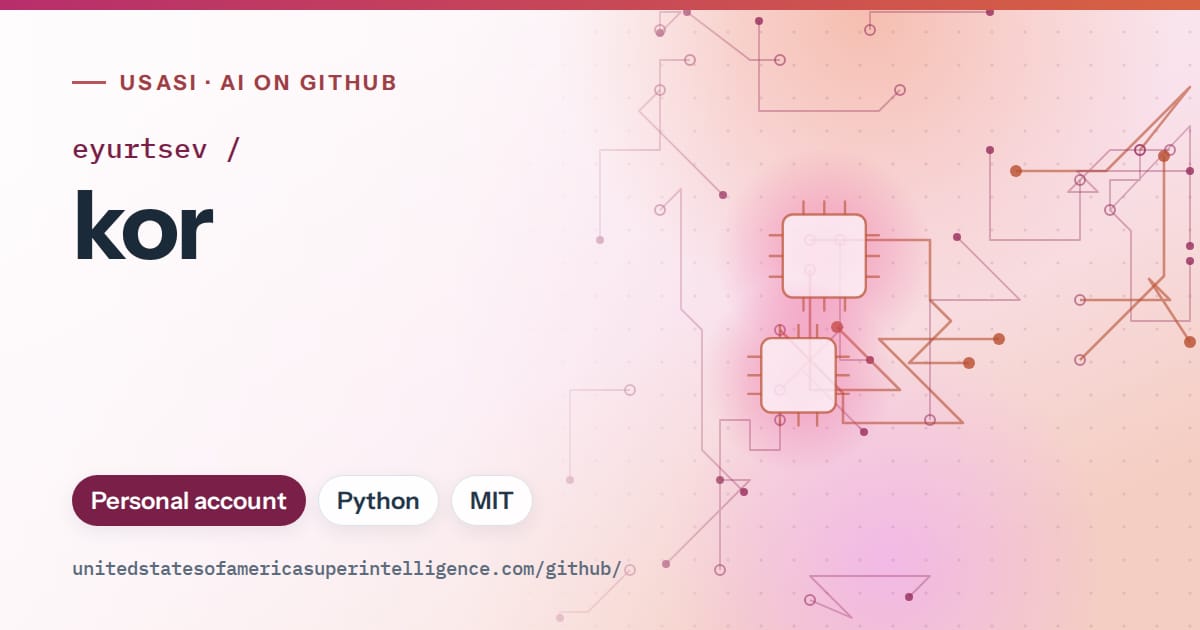 Generated pink circuit-trace artwork for eyurtsev/kor, labeled USASI · AI on GitHub, with Personal account · Python · MIT.