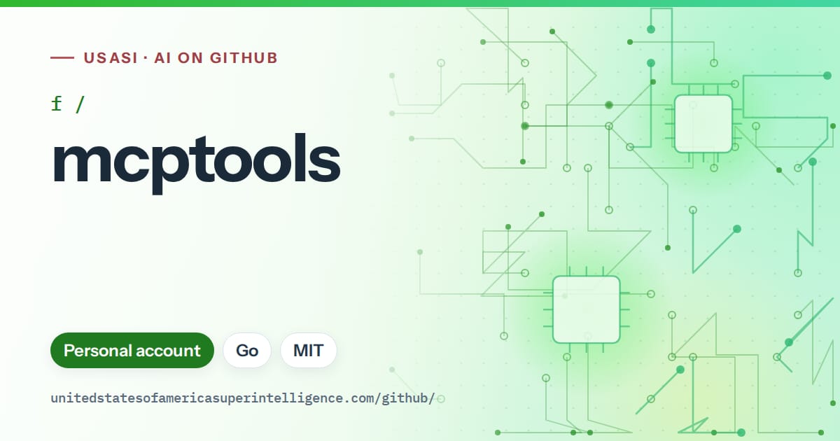 Generated green circuit-trace artwork for f/mcptools, labeled USASI · AI on GitHub, with Personal account · Go · MIT.