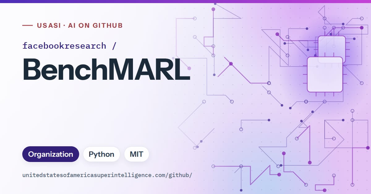 Generated violet circuit-trace artwork for facebookresearch/BenchMARL, labeled USASI · AI on GitHub, with Organization · Python · MIT.