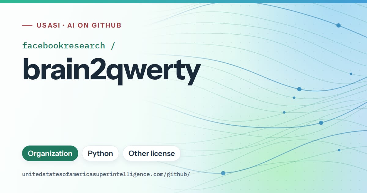 Generated teal flowing-wave artwork for facebookresearch/brain2qwerty, labeled USASI · AI on GitHub, with Organization · Python · Other license.