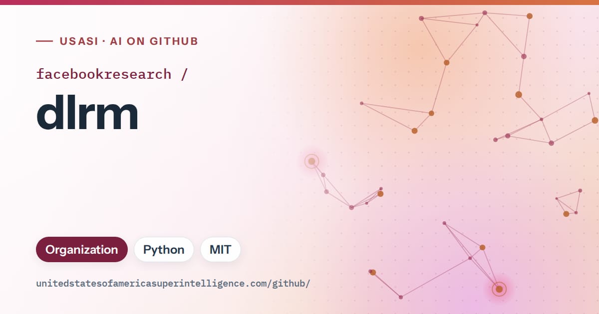 Generated pink constellation network artwork for facebookresearch/dlrm, labeled USASI · AI on GitHub, with Organization · Python · MIT.