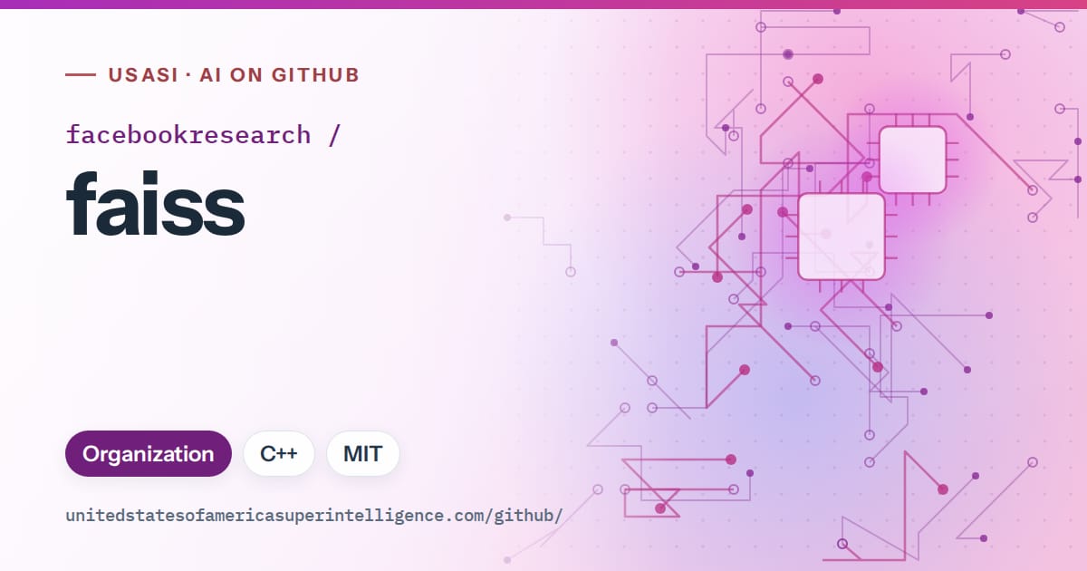 Generated purple circuit-trace artwork for facebookresearch/faiss, labeled USASI · AI on GitHub, with Organization · C++ · MIT.