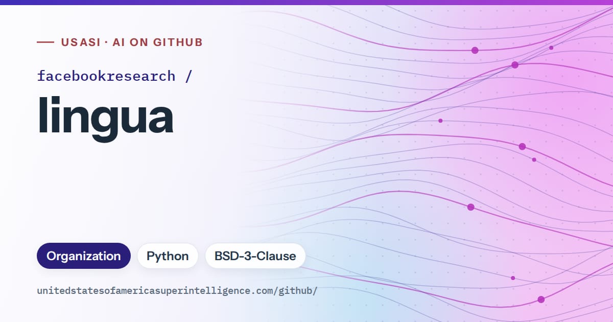 Generated blue flowing-wave artwork for facebookresearch/lingua, labeled USASI · AI on GitHub, with Organization · Python · BSD-3-Clause.