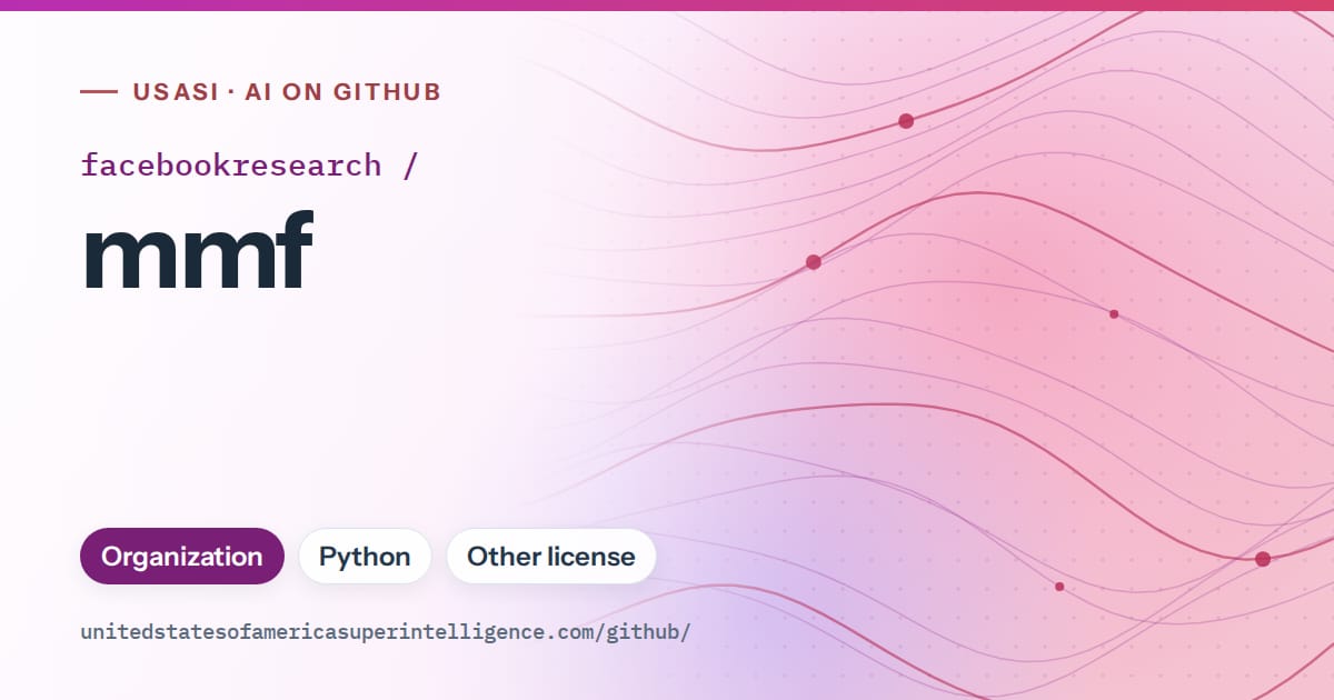 Generated purple flowing-wave artwork for facebookresearch/mmf, labeled USASI · AI on GitHub, with Organization · Python · Other license.