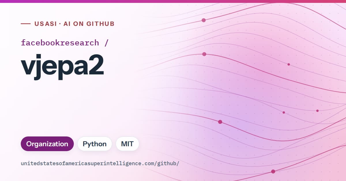 Generated purple flowing-wave artwork for facebookresearch/vjepa2, labeled USASI · AI on GitHub, with Organization · Python · MIT.
