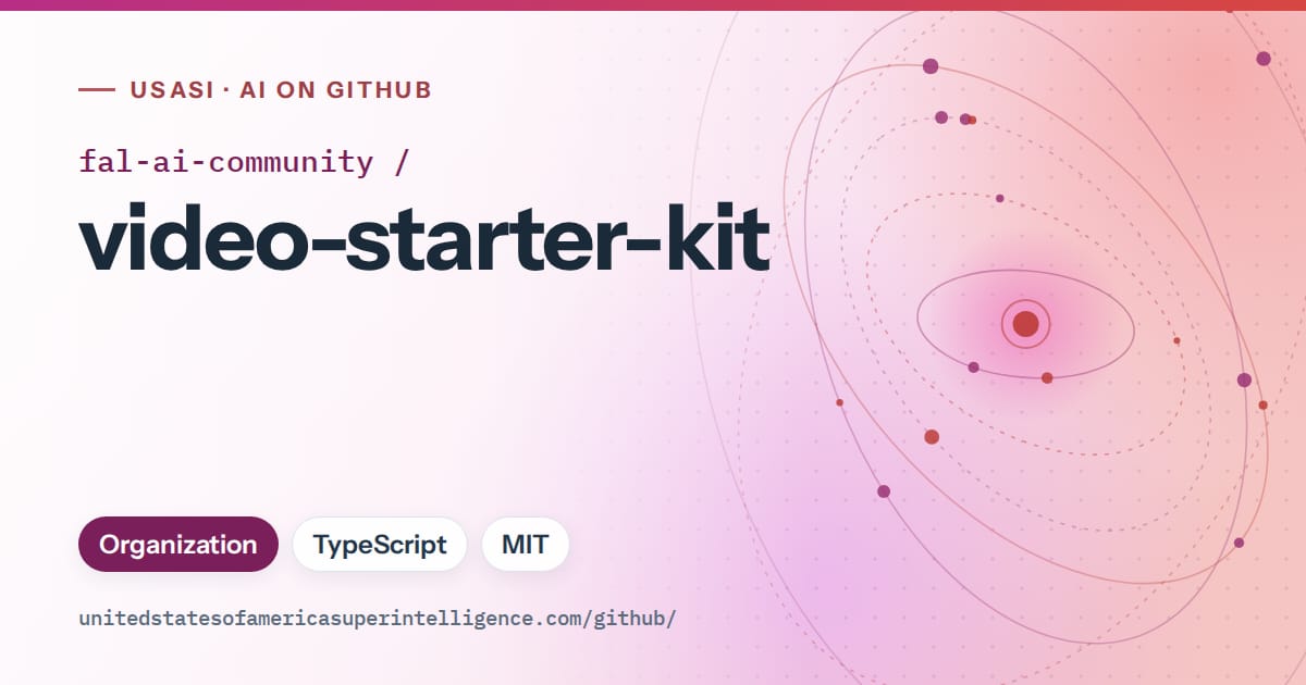 Generated pink orbit artwork for fal-ai-community/video-starter-kit, labeled USASI · AI on GitHub, with Organization · TypeScript · MIT.