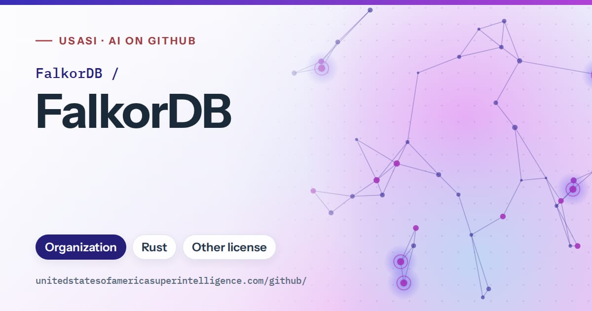Generated blue constellation network artwork for FalkorDB/FalkorDB, labeled USASI · AI on GitHub, with Organization · Rust · Other license.
