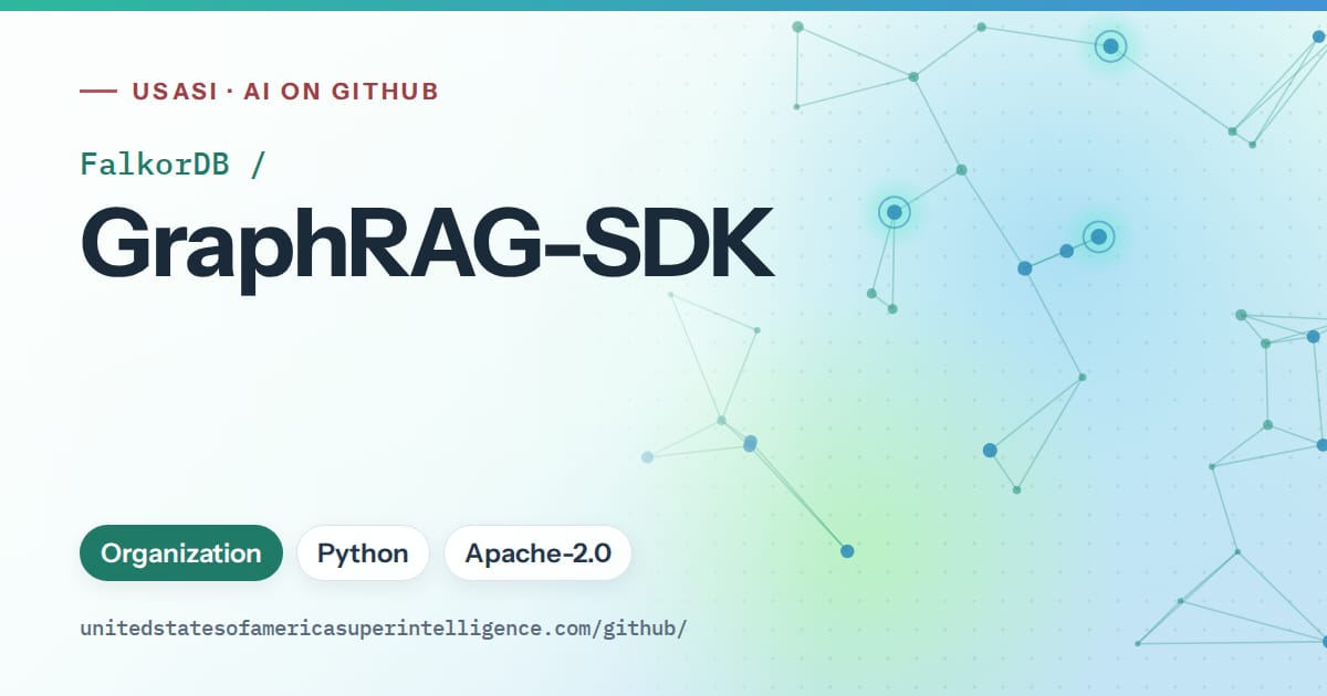 Generated teal constellation network artwork for FalkorDB/GraphRAG-SDK, labeled USASI · AI on GitHub, with Organization · Python · Apache-2.0.
