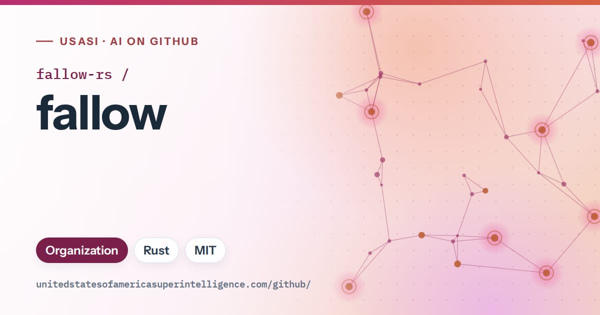 Generated pink constellation network artwork for fallow-rs/fallow, labeled USASI · AI on GitHub, with Organization · Rust · MIT.