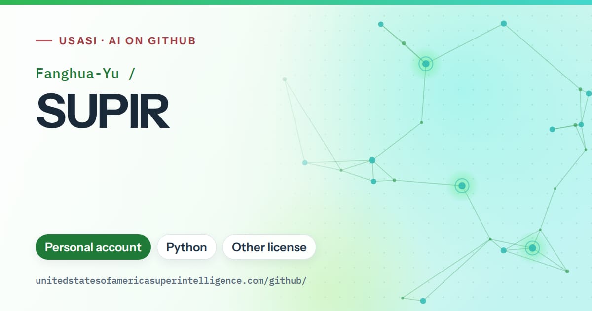Generated green constellation network artwork for Fanghua-Yu/SUPIR, labeled USASI · AI on GitHub, with Personal account · Python · Other license.
