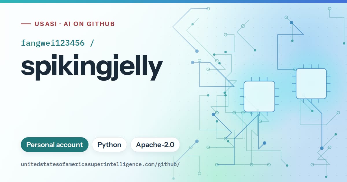 Generated teal circuit-trace artwork for fangwei123456/spikingjelly, labeled USASI · AI on GitHub, with Personal account · Python · Apache-2.0.