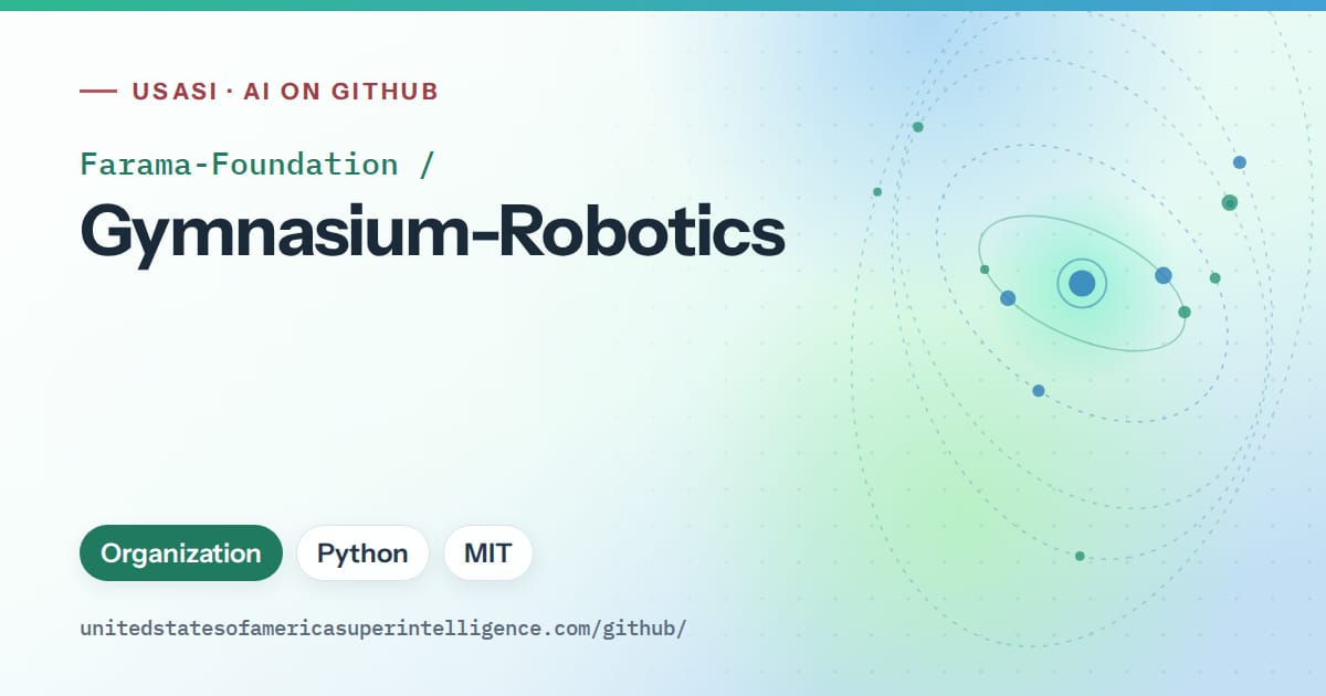 Generated teal orbit artwork for Farama-Foundation/Gymnasium-Robotics, labeled USASI · AI on GitHub, with Organization · Python · MIT.