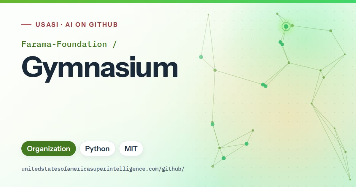 Generated green constellation network artwork for Farama-Foundation/Gymnasium, labeled USASI · AI on GitHub, with Organization · Python · MIT.