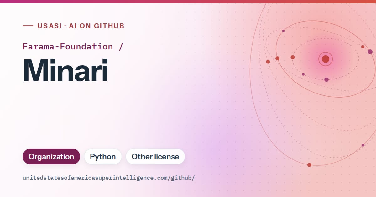 Generated pink orbit artwork for Farama-Foundation/Minari, labeled USASI · AI on GitHub, with Organization · Python · Other license.