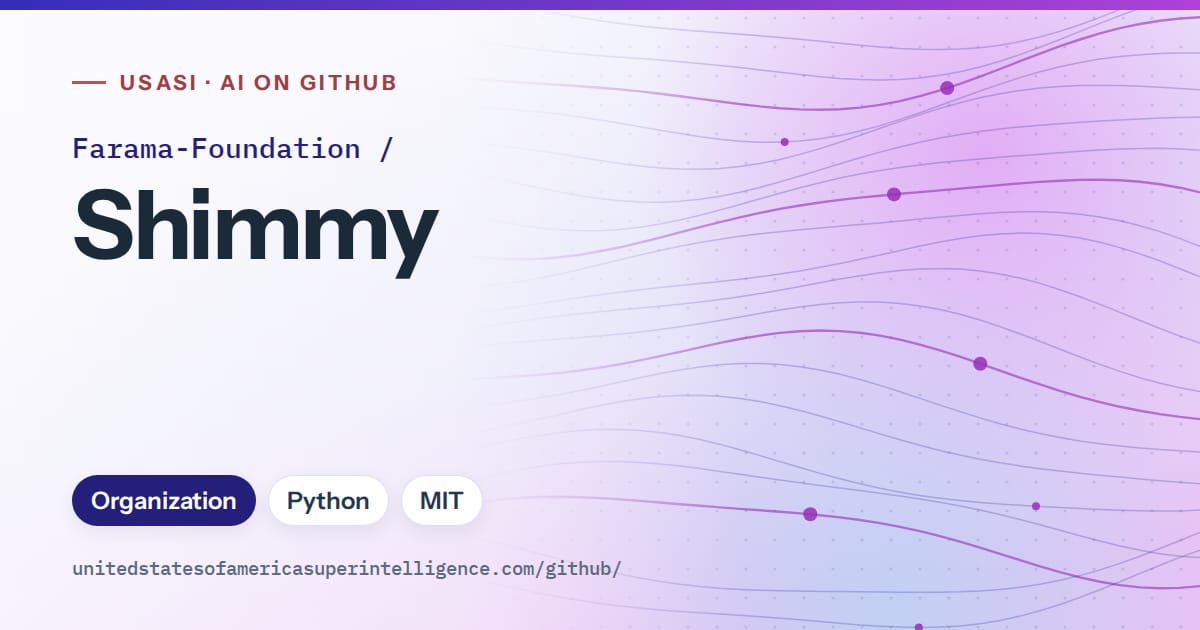 Generated blue flowing-wave artwork for Farama-Foundation/Shimmy, labeled USASI · AI on GitHub, with Organization · Python · MIT.