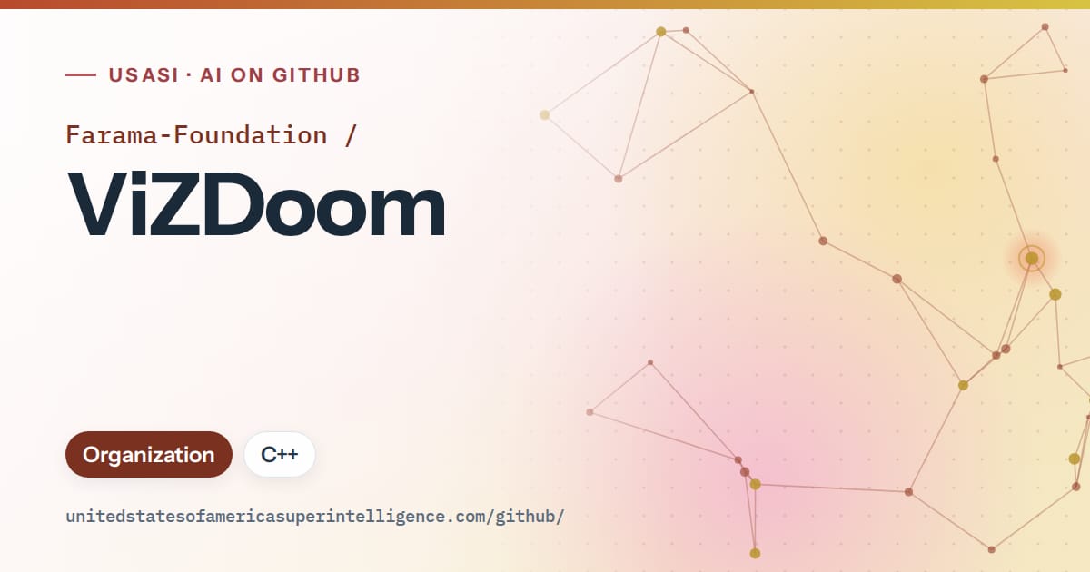 Generated red constellation network artwork for Farama-Foundation/ViZDoom, labeled USASI · AI on GitHub, with Organization · C++.